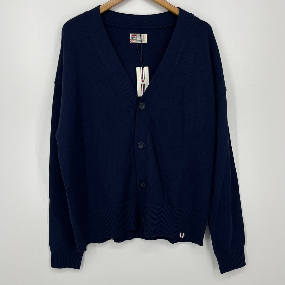 Fila Baseline Cardigan Sweater Men's L Blue Tight‎ Knit V-Neck Oversized New NWT